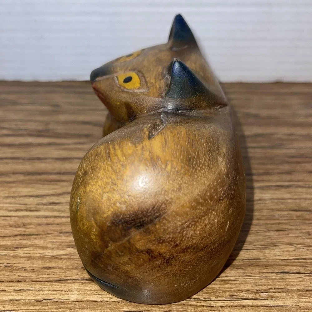 Vintage Hand Carved Wood Cat Shelf Sitter -‎ 1980s Siamese Folk Art